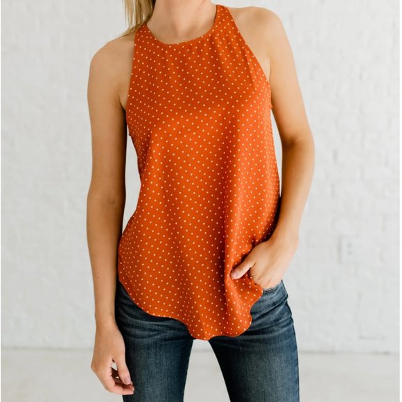 E&M Tops - Orange Tank top with Off-White polka dots Size Medium